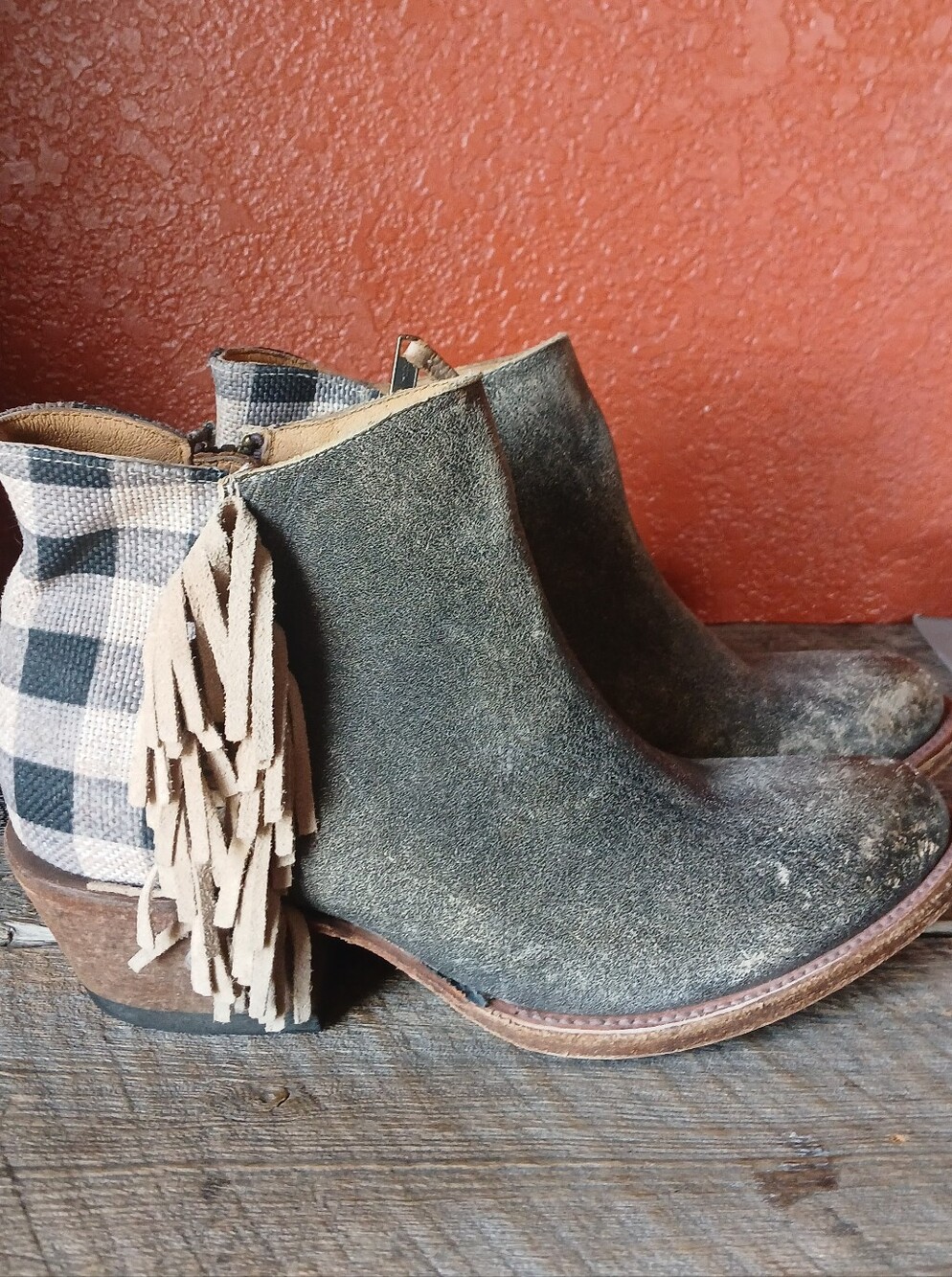 Womens Macie Bean Ankle Booties with Plaid Canvas & Leather Fringe